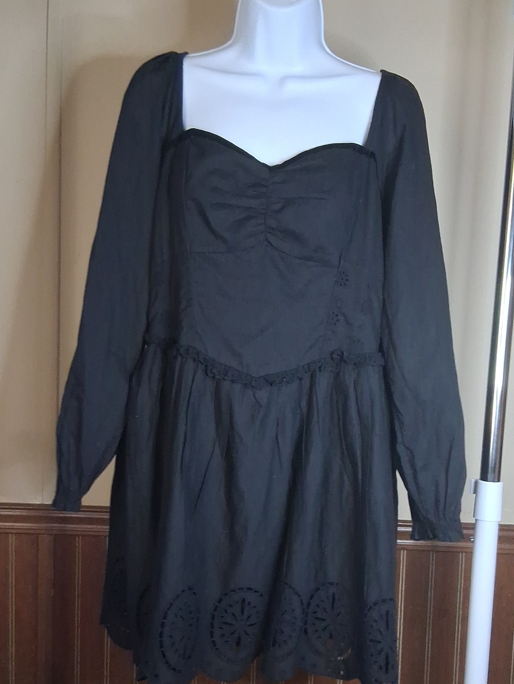 American Eagle Outfitters Black Long-Sleeve Eyelet Mini Dress